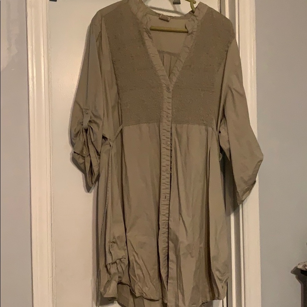 Khaki long button down/tie back top